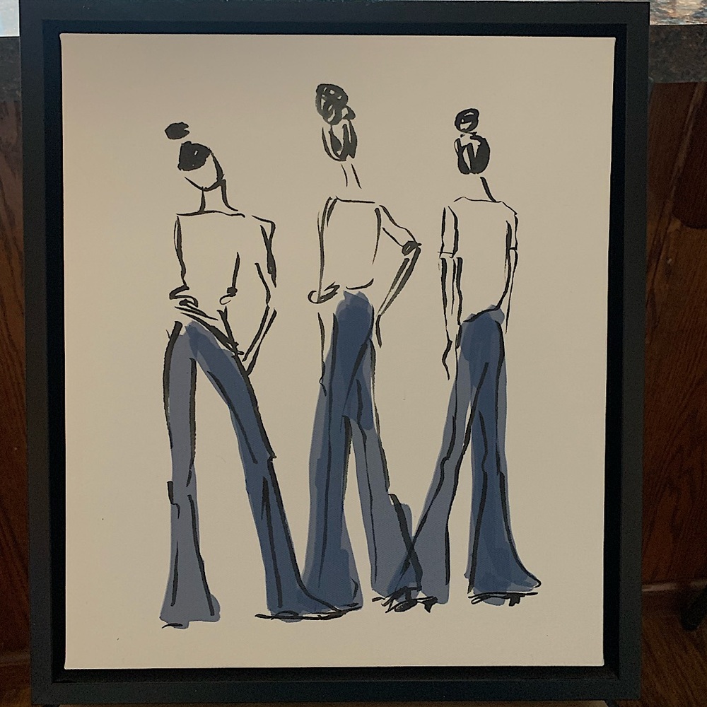 girl with blue pants stick figure canvas with thick black frame 13.5in X 15.5in